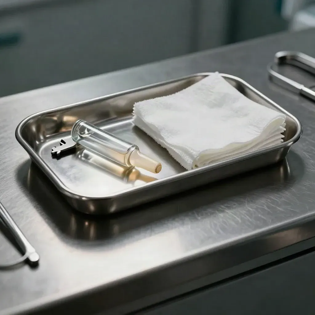Medical kit on brushed steel: kidney tray, ampoule, gauze, and forceps in dramatic light.