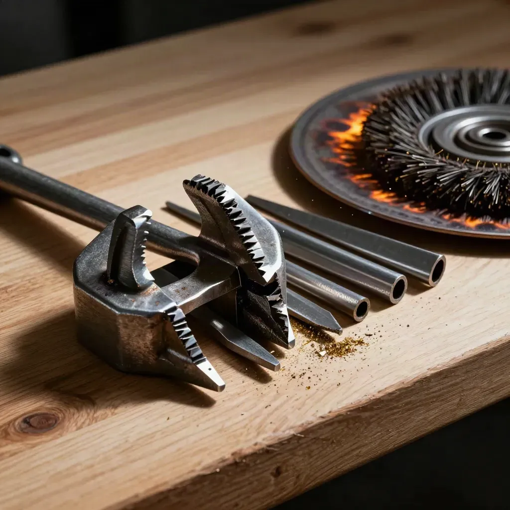 Steel offcuts, clamp jaw, wire brush and scorched plate on pale wood in a dramatic top-down layout.