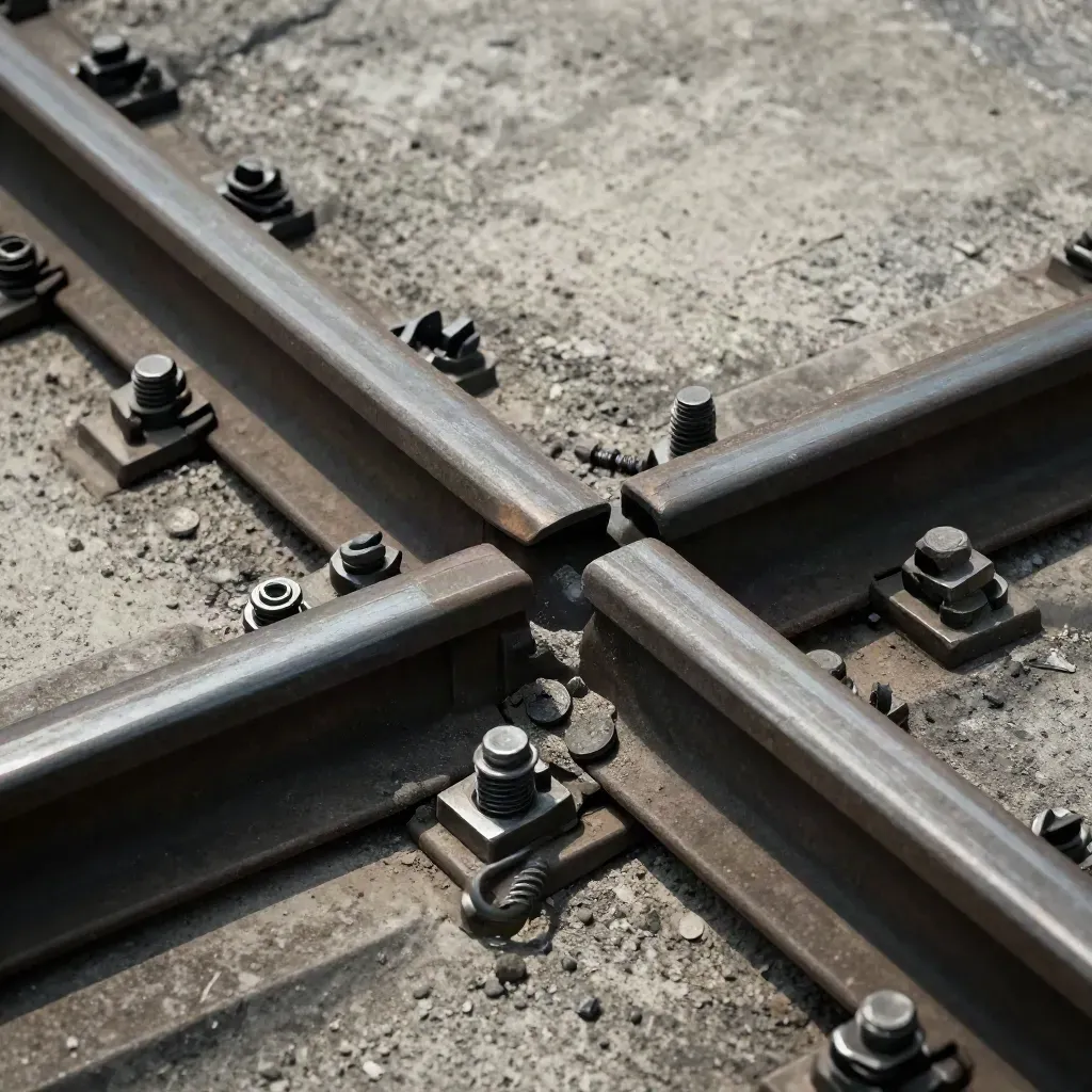 Overhead rail clips, bolts, washers, and joint plate on dusted concrete.