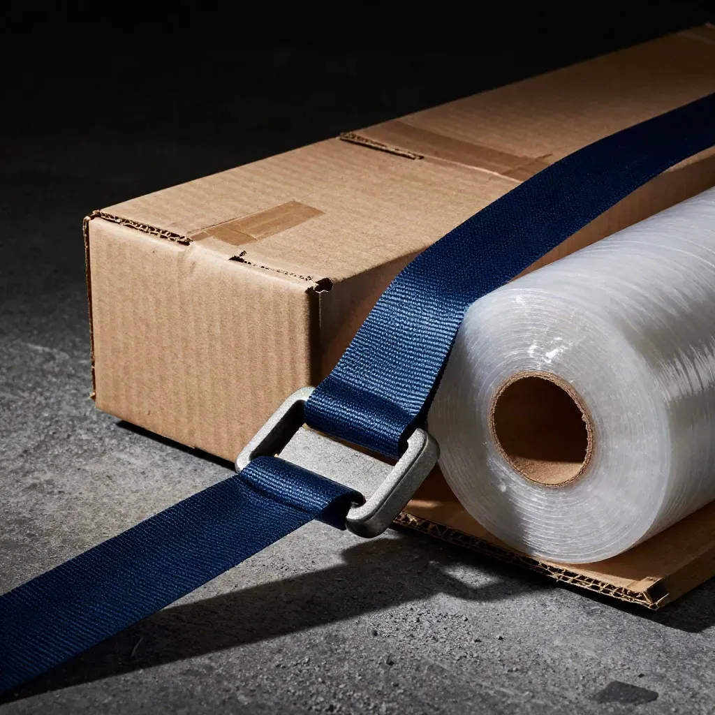Ratchet strap buckle cinching a freight bundle with box, foam protector and pallet wrap on grey stone