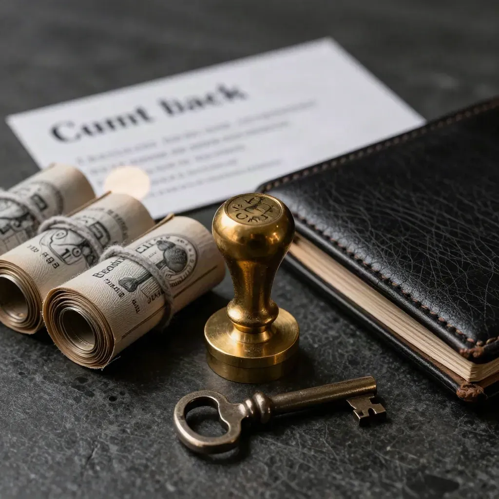 Brass seal stamp, coin rolls, leather folder and key on dark stone with soft bokeh.