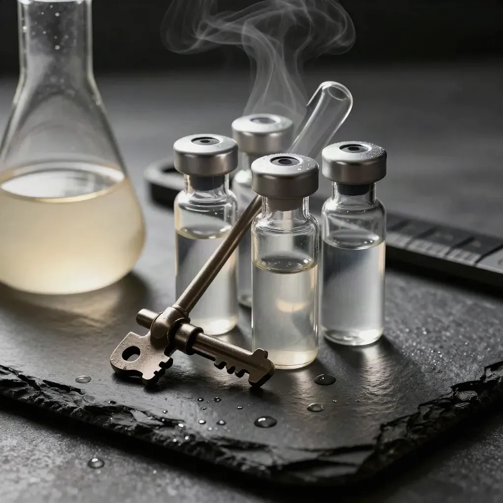 Borosilicate flask and sample vials on wet slate in dramatic lab light