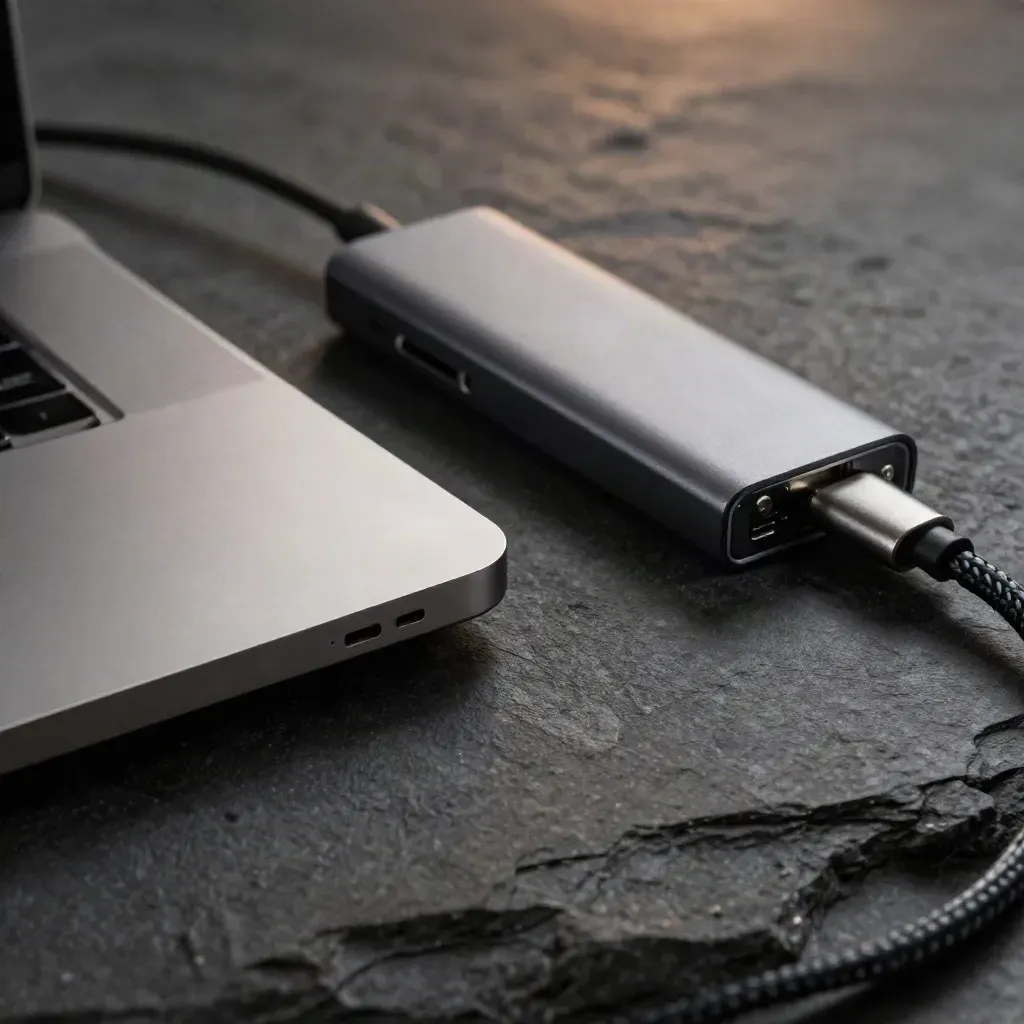 Closed laptop hinge, USB-C hub and braided cable on graphite stone, low-angle macro
