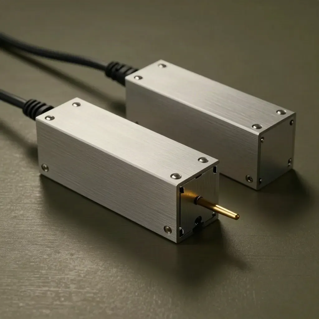 Two aluminium modules, cable and dock block on brushed metal in dramatic light.