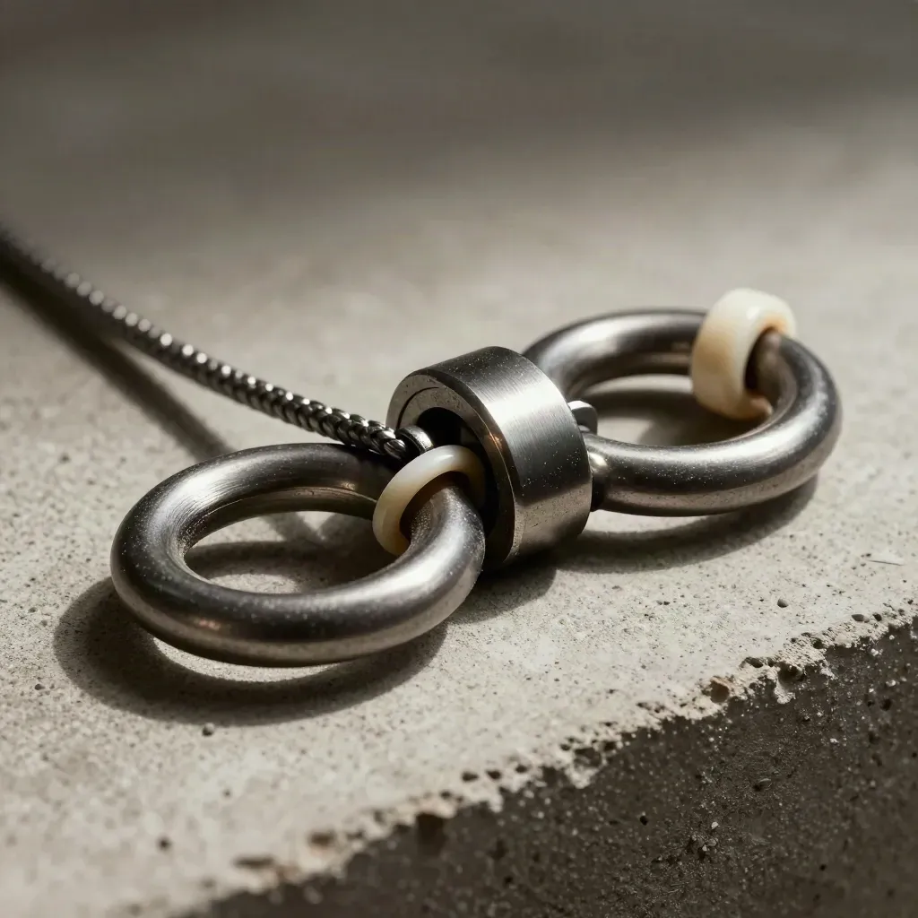 Linked metal couplers and a braided connector on pale concrete, lit with dramatic side light.