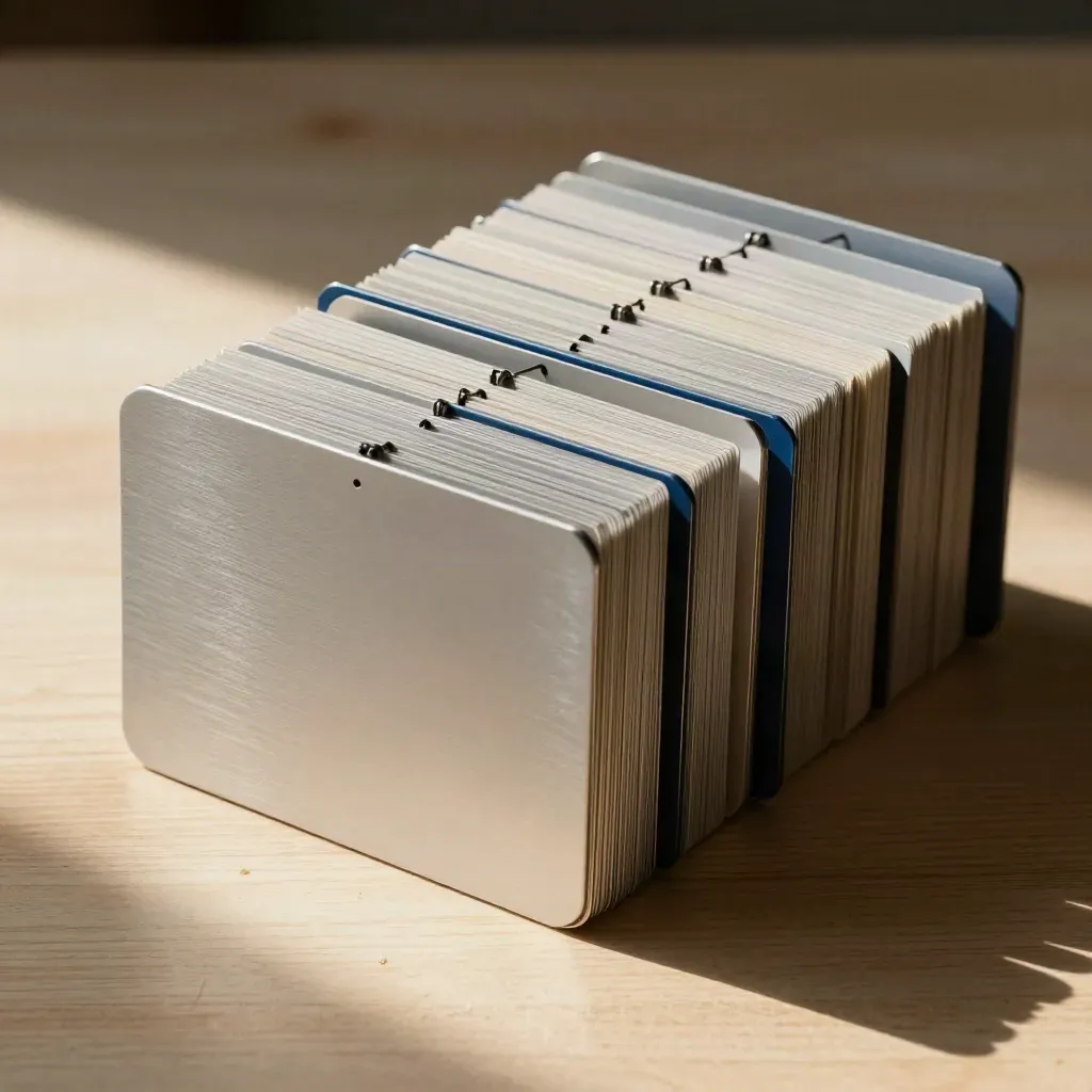 CMS setup still life: card sleeves, aluminium dividers, clips and spacers on pale wood.