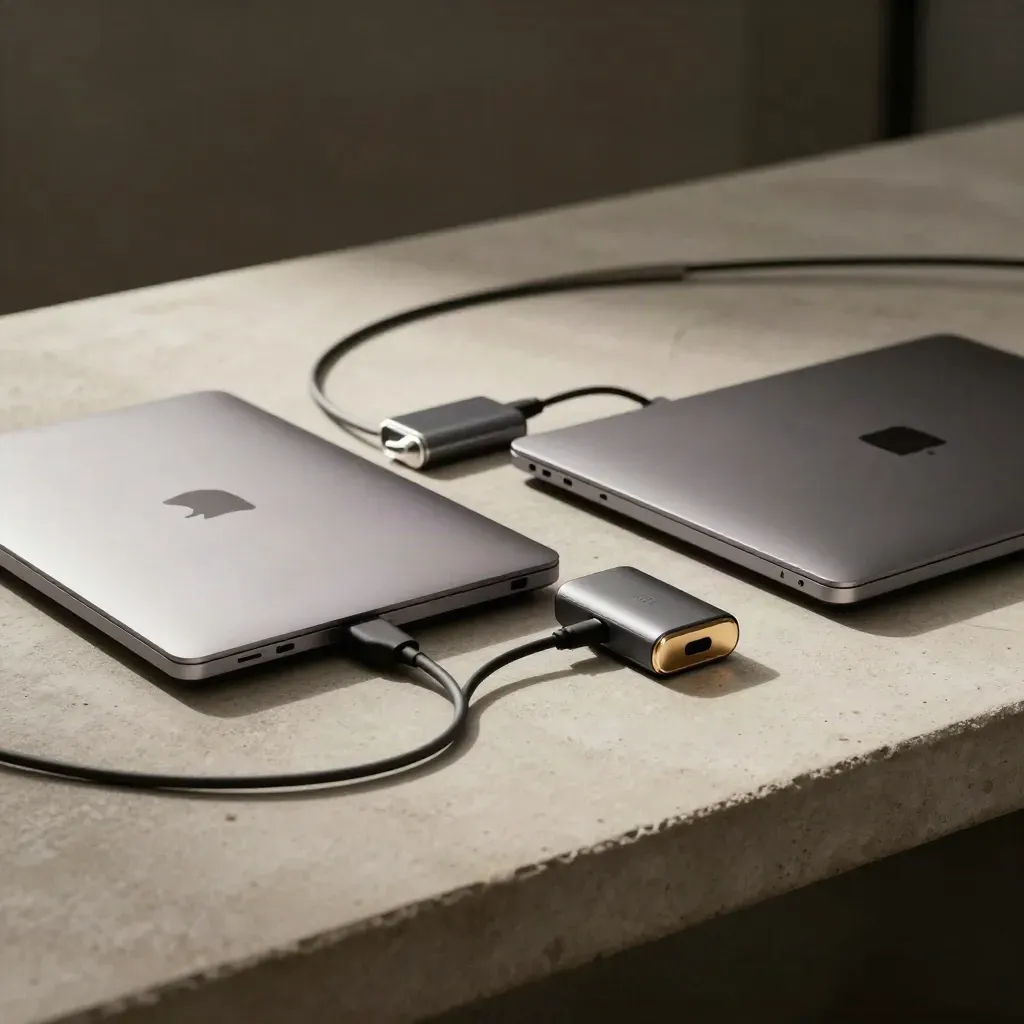 Closed laptops, dock, charger and hub on pale concrete, lit with hard skimming light.