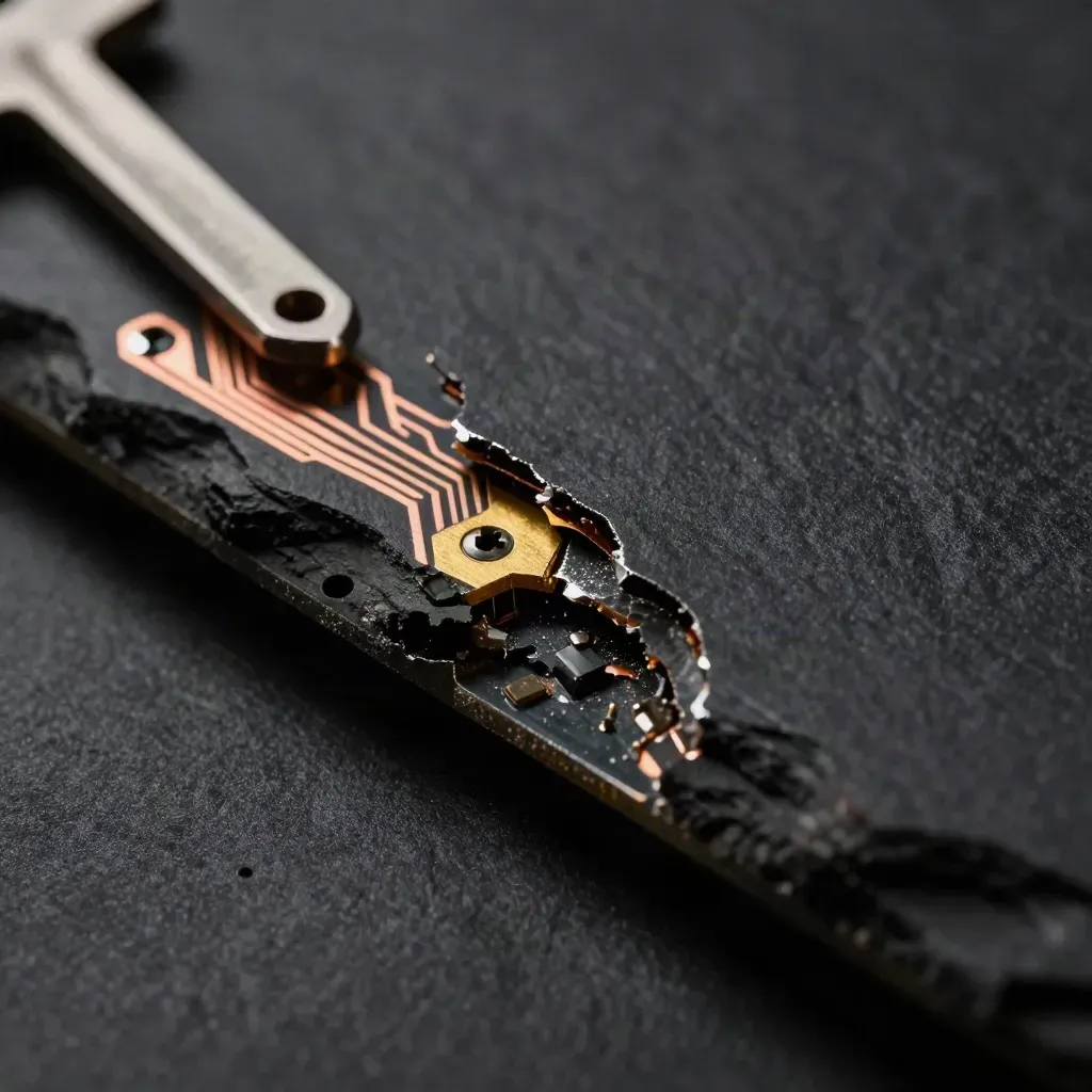 Macro still life of a damaged circuit board edge, loose screw, and lifted solder joint on black slate.