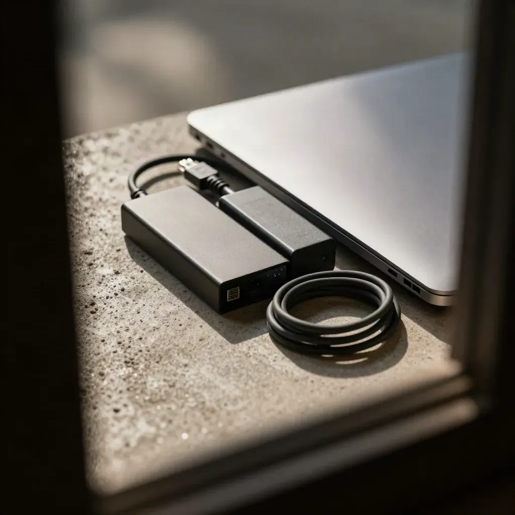 Closed laptop, SSD, power brick and ethernet cable clustered on pale concrete, seen through a blurred doorway edge.