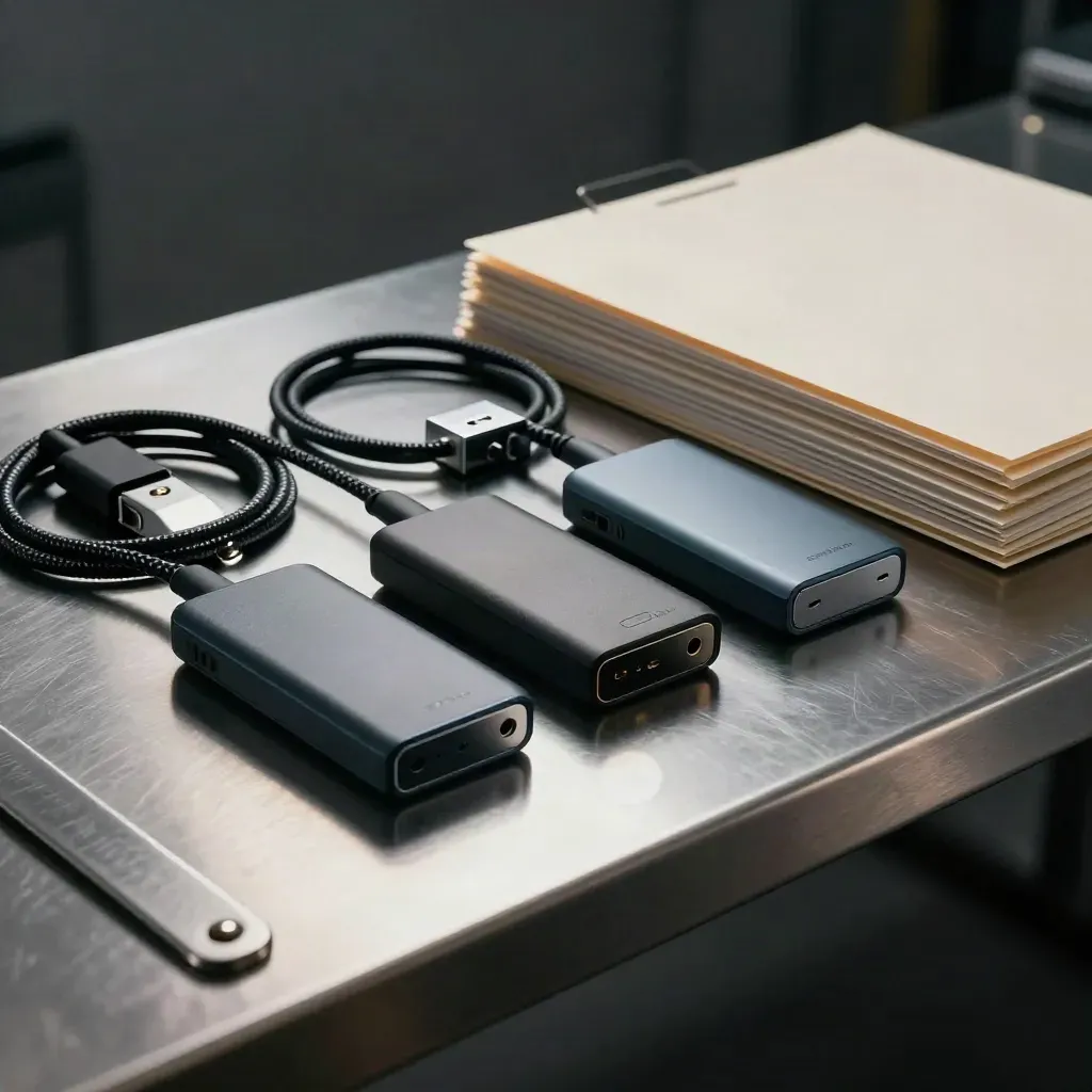 Drives, cables and blank folders on brushed metal in dramatic low light