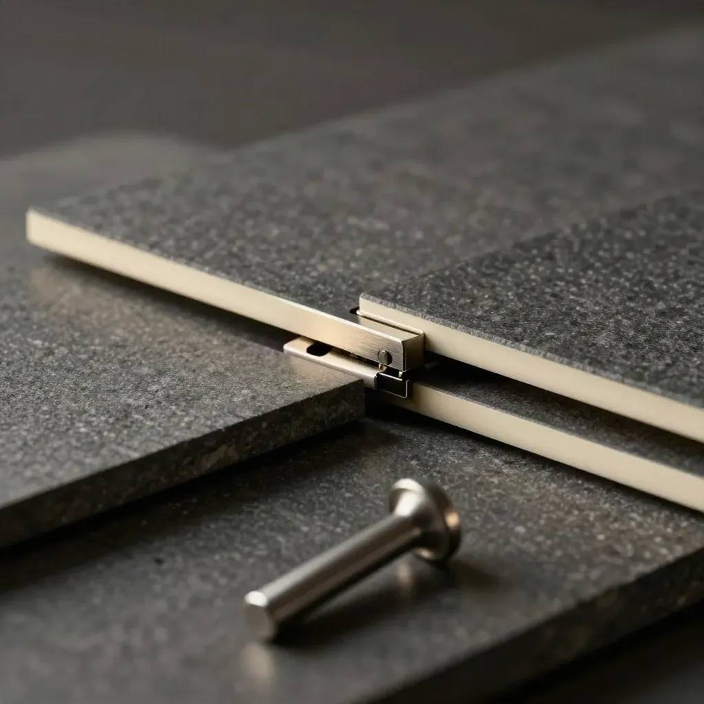 Machined plates, pins and hinge block on dark graphite stone in dramatic studio light