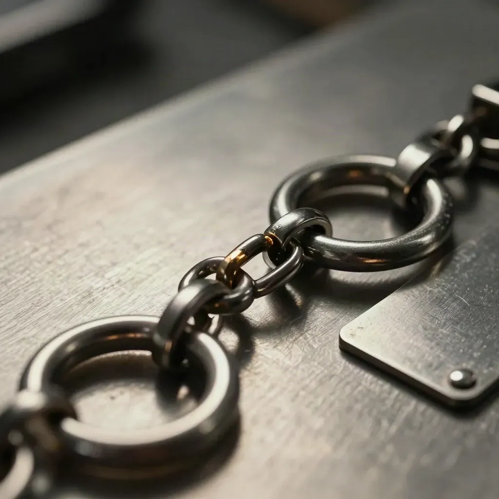 Steel rings and clips linking on brushed metal with a gold accent