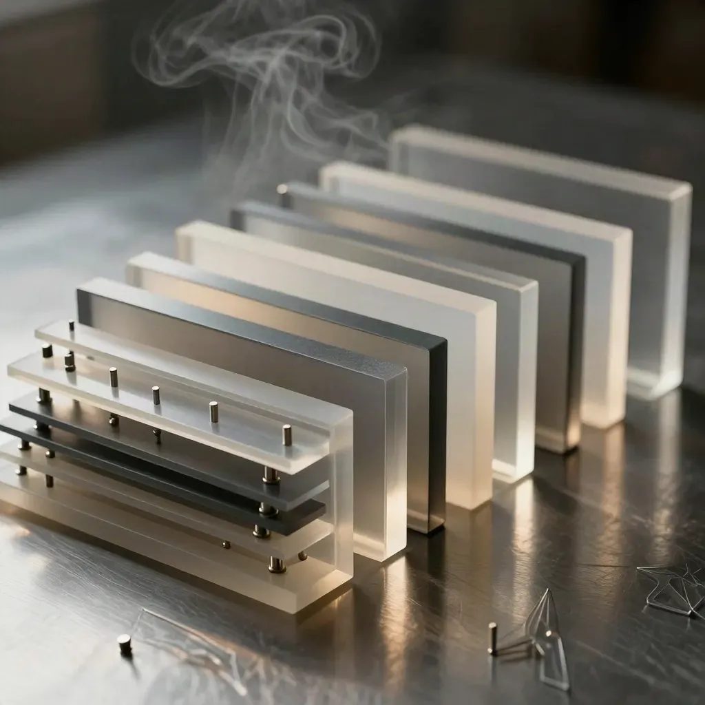 Premium still life of acrylic blocks and connector pegs arranged on brushed metal.