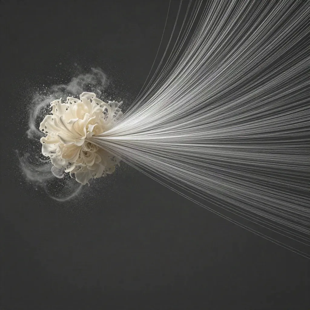 Silver filaments bloom in graphite haze with calm empty space for copy.